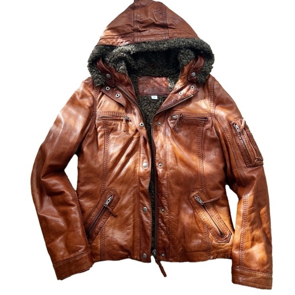 TRUE RELIGION BROWN DISTRESSED LEATHER HOODED FAUX FUR JACKET SZ. Small - Picture 1 of 17